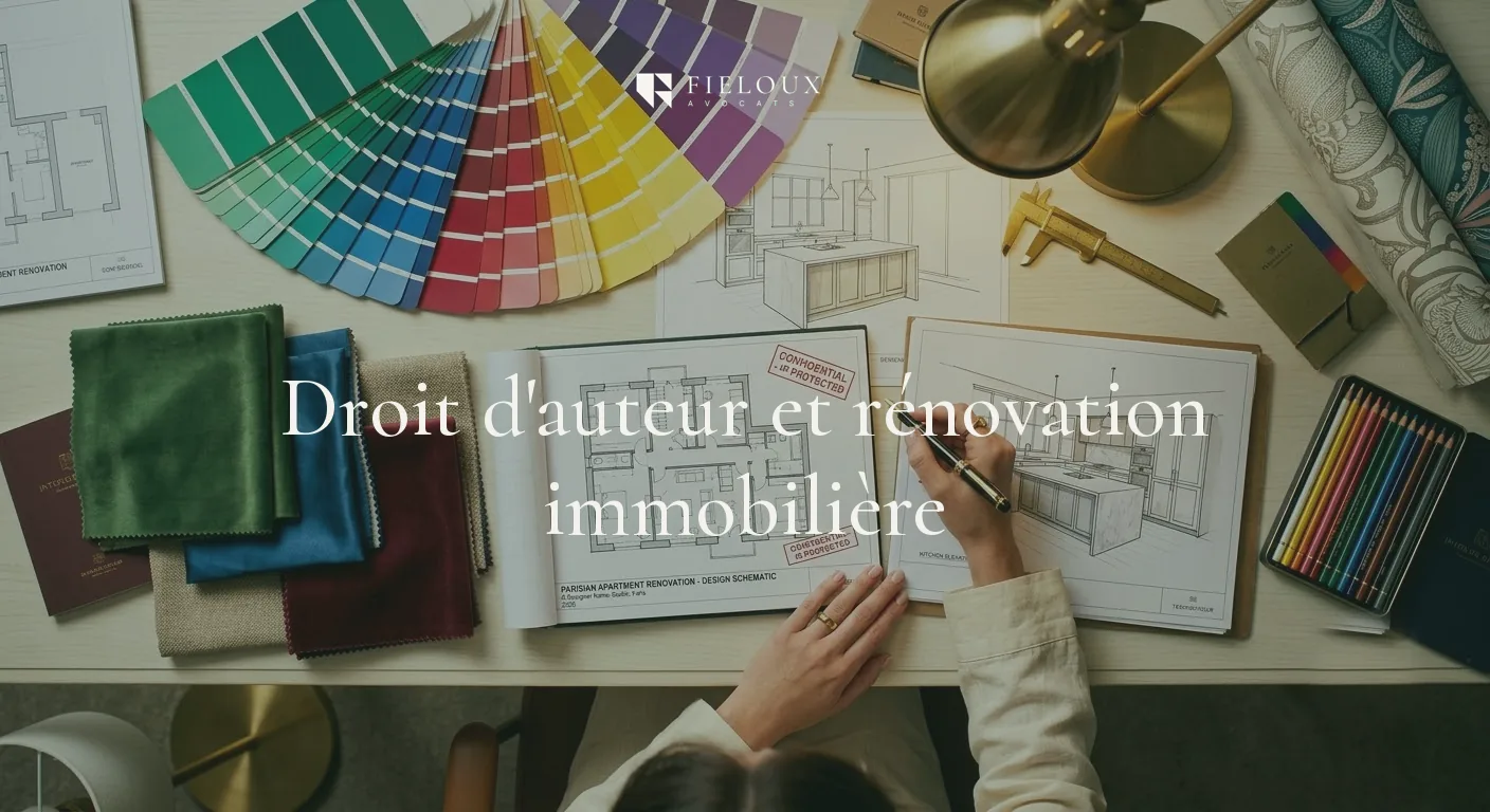 Nuancier, plans et écran de rénovation, visuel titré « Droit d'auteur et rénovation immobilière »