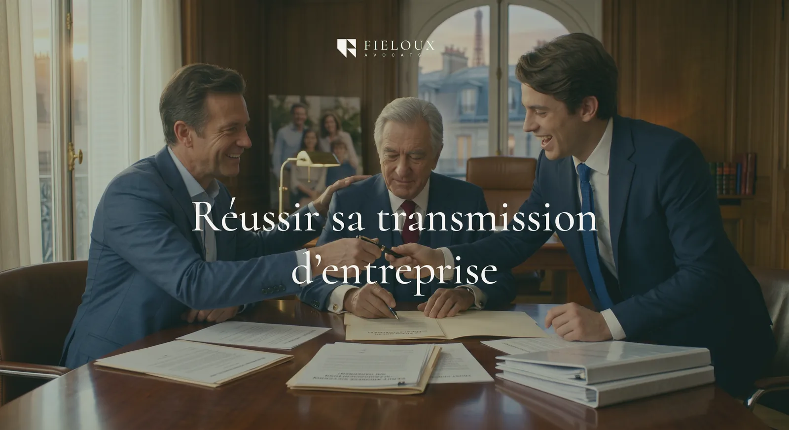 Trois dirigeants signant des documents dans un bureau parisien, visuel titré « Réussir sa transmission d'entreprise »