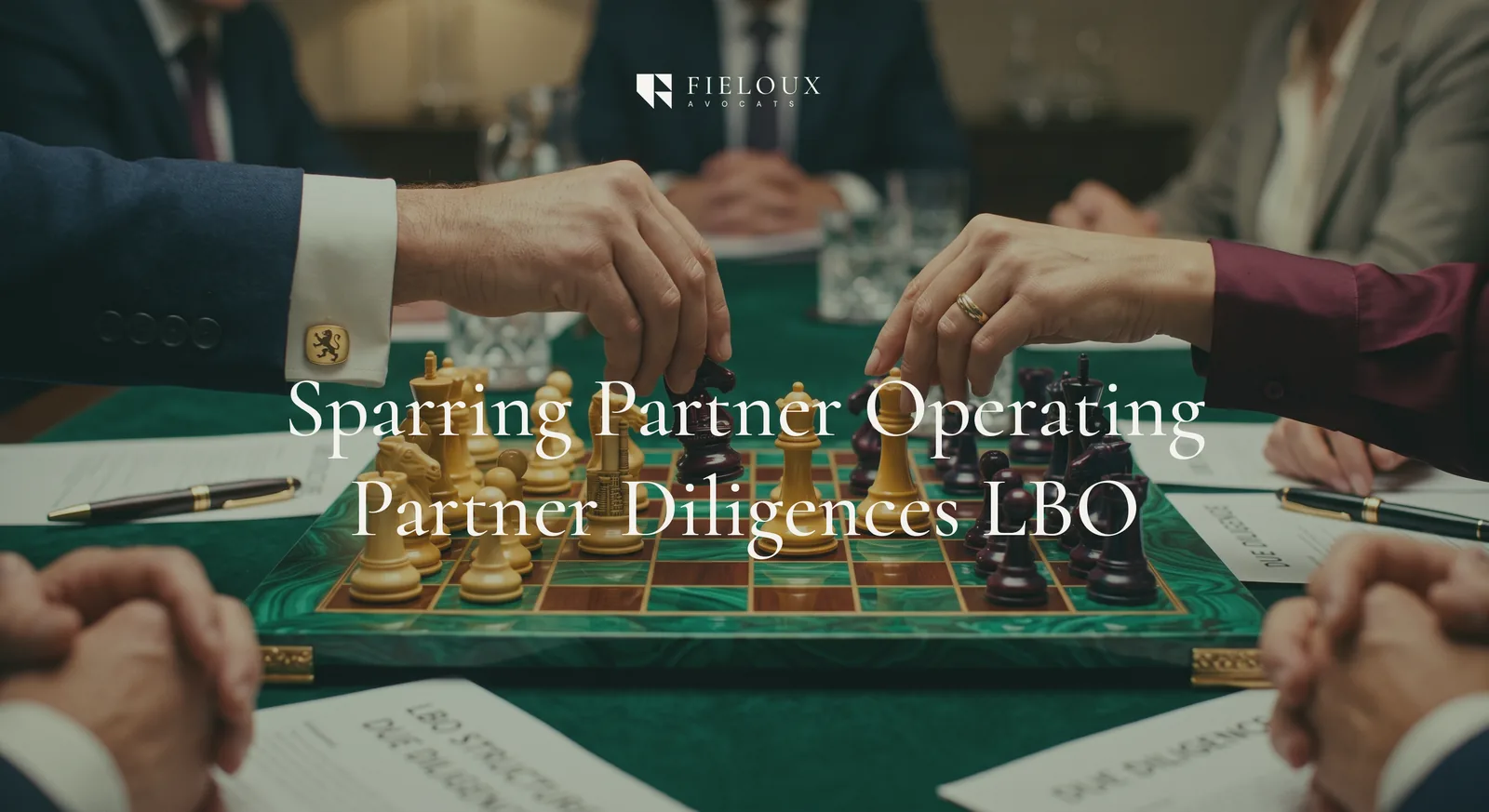 Partie d'échecs autour d'une table de réunion, visuel titré « Sparring Partner Operating Partner Diligences LBO »