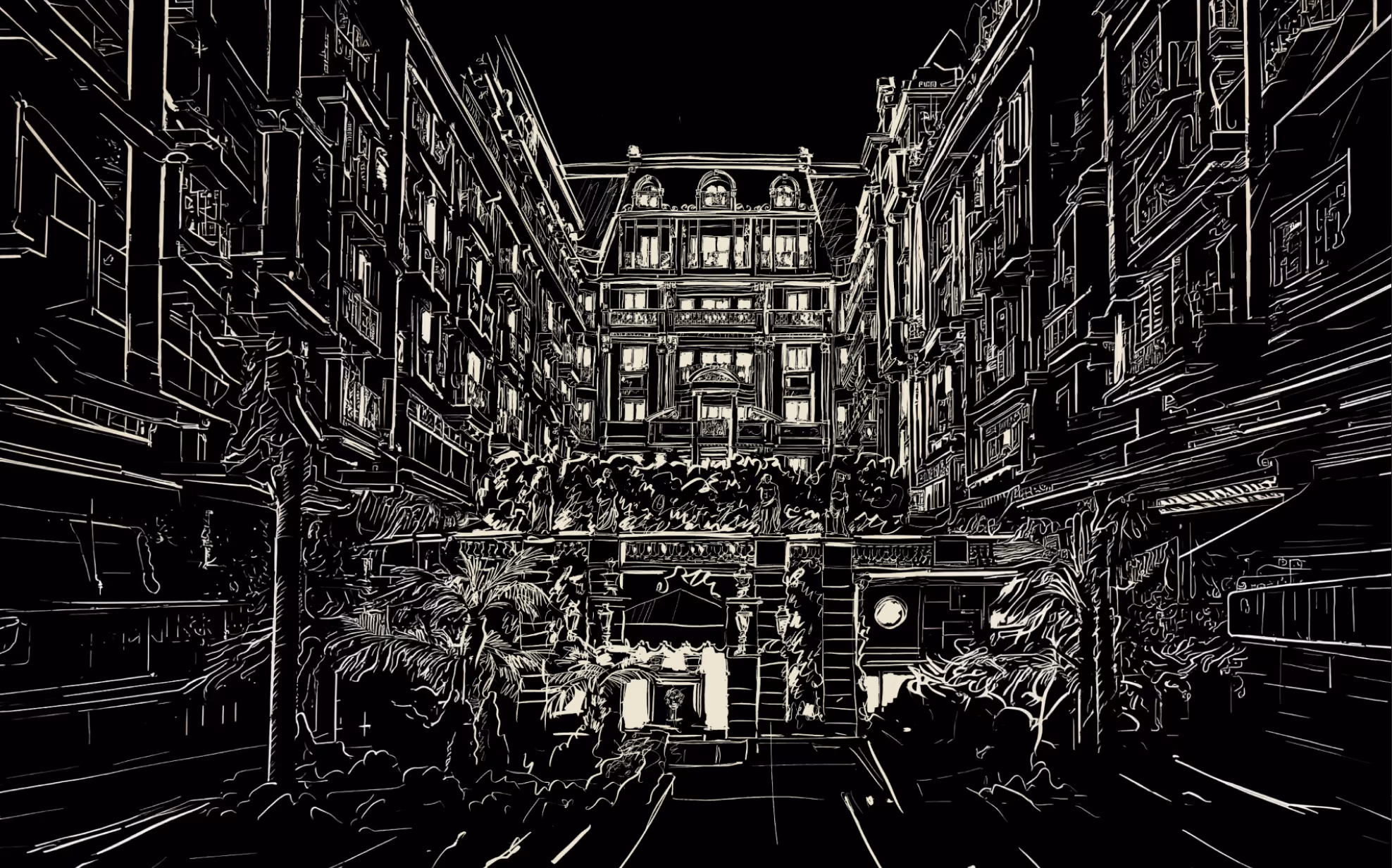 Black and white line art of a grand courtyard with ornate multi-story buildings, palm trees, and statues.