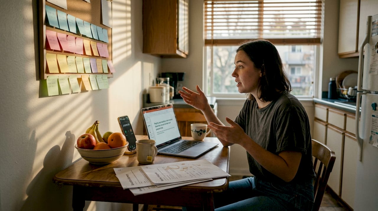 Founder practicing pitch at kitchen table