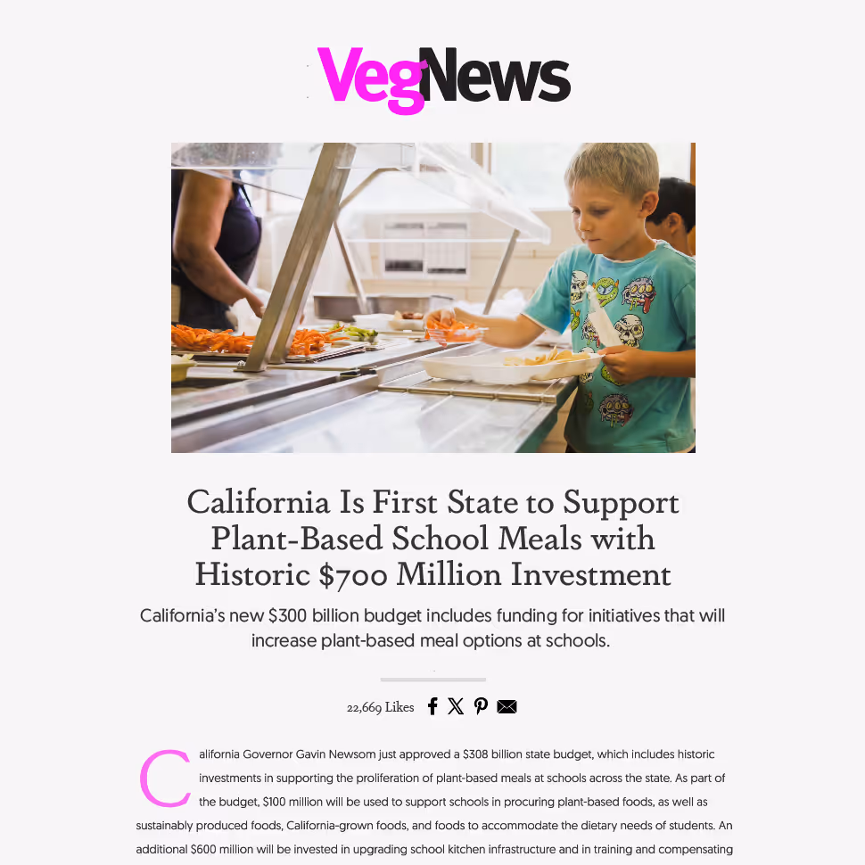 VegNews article on California's $700 million investment in plant-based school meals