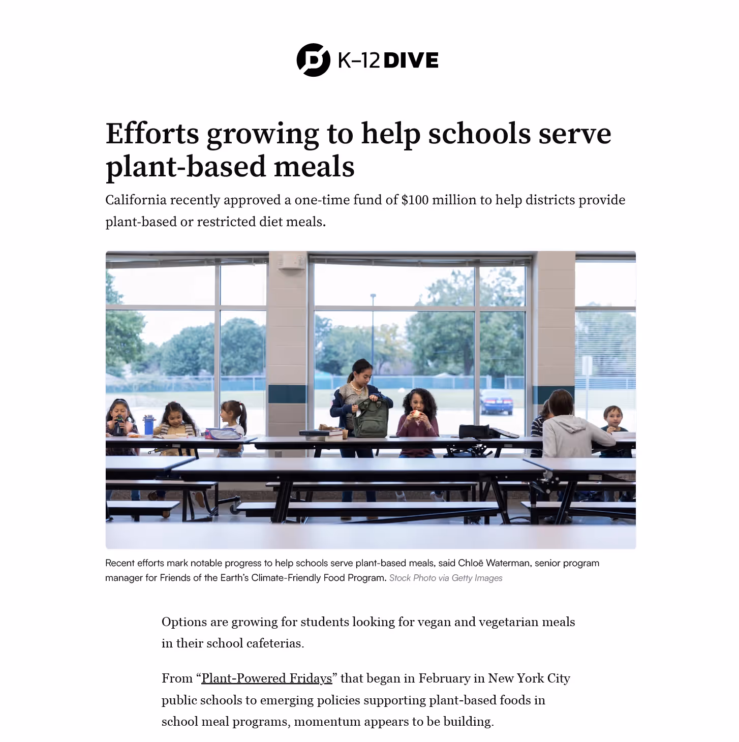 K-12 Dive article on schools expanding plant-based meal options