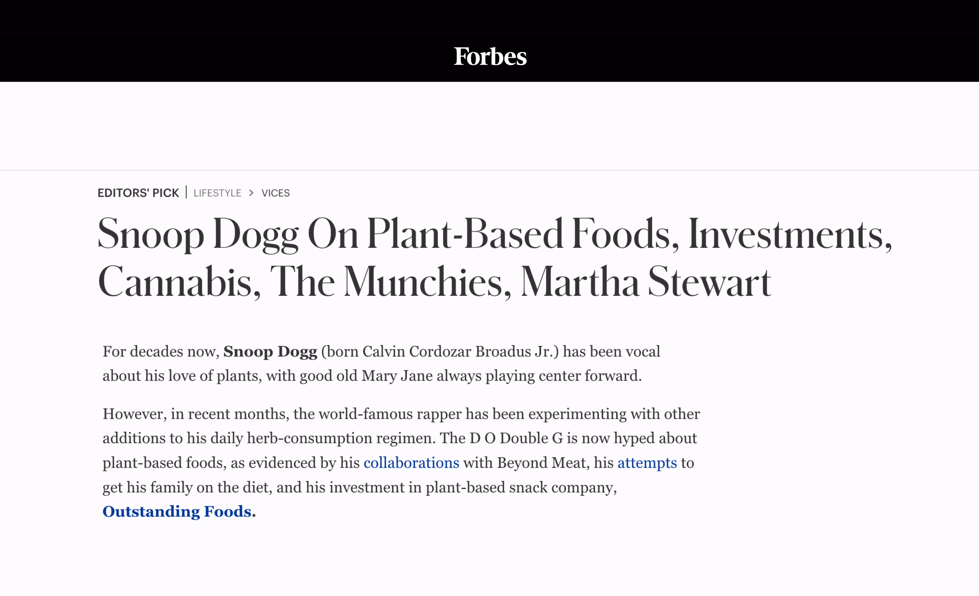 Forbes feature on Snoop Dogg's plant-based investment in Outstanding Foods