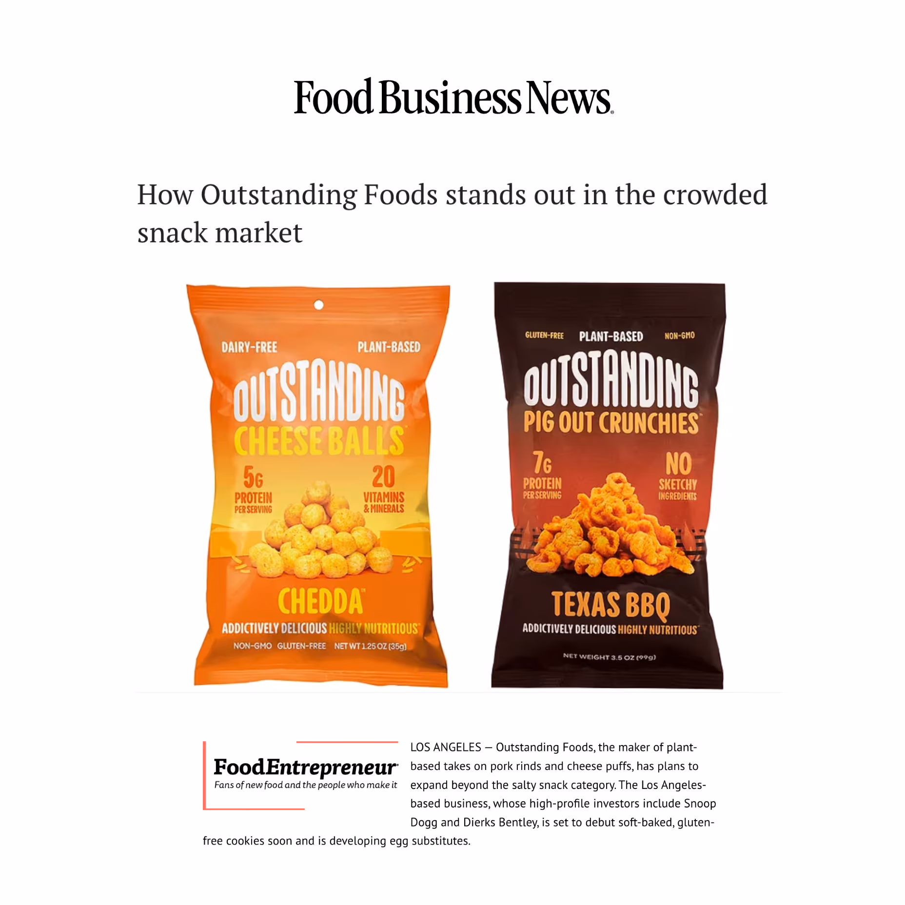 Food Business News feature on Outstanding Foods Cheese Balls and Pig Out Crunchies