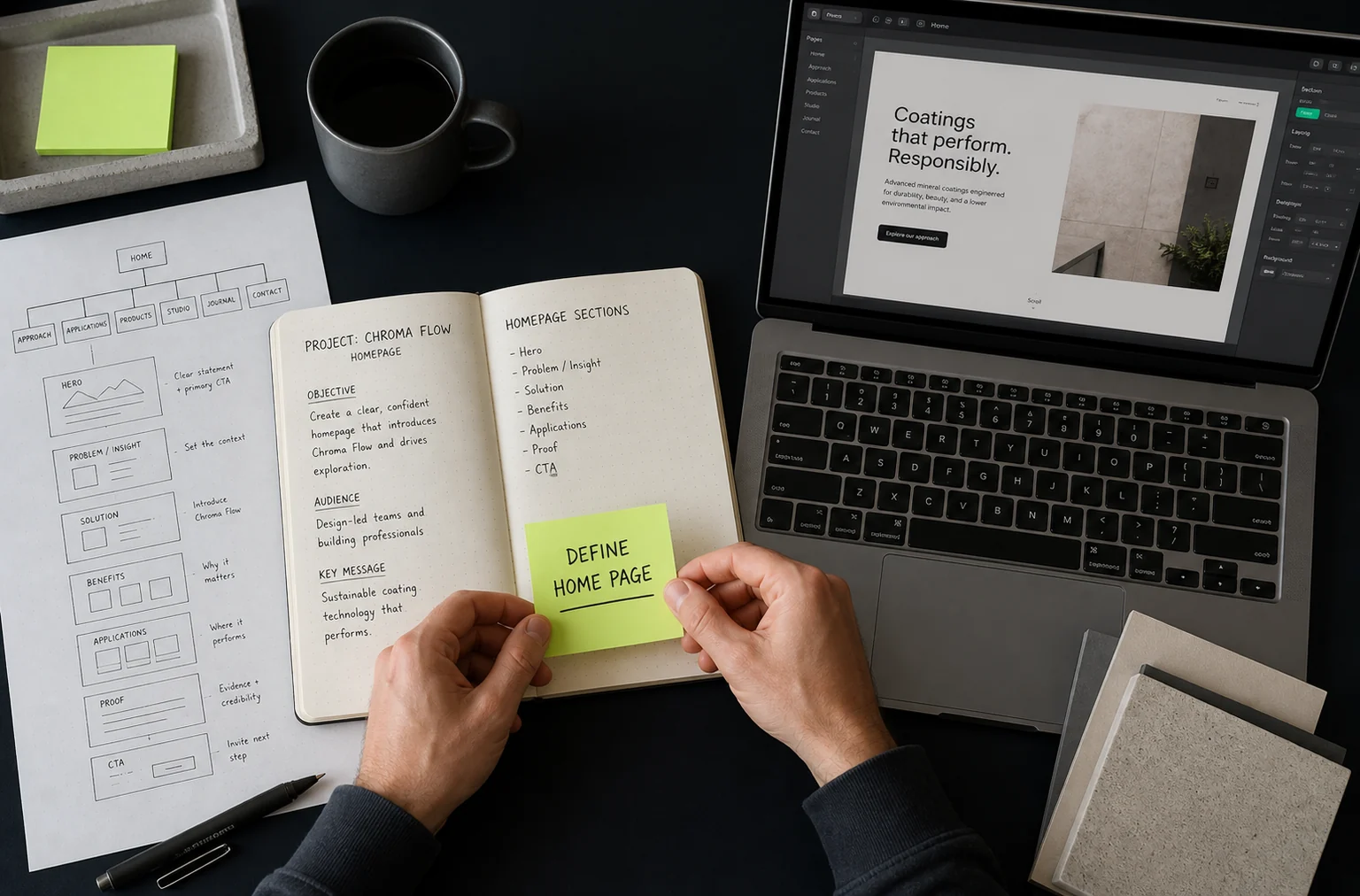 Un carnet de brief ouvert, un plan de site esquissé et un ordinateur affichant une page d'accueil en construction, avec une note adhésive vert lime
