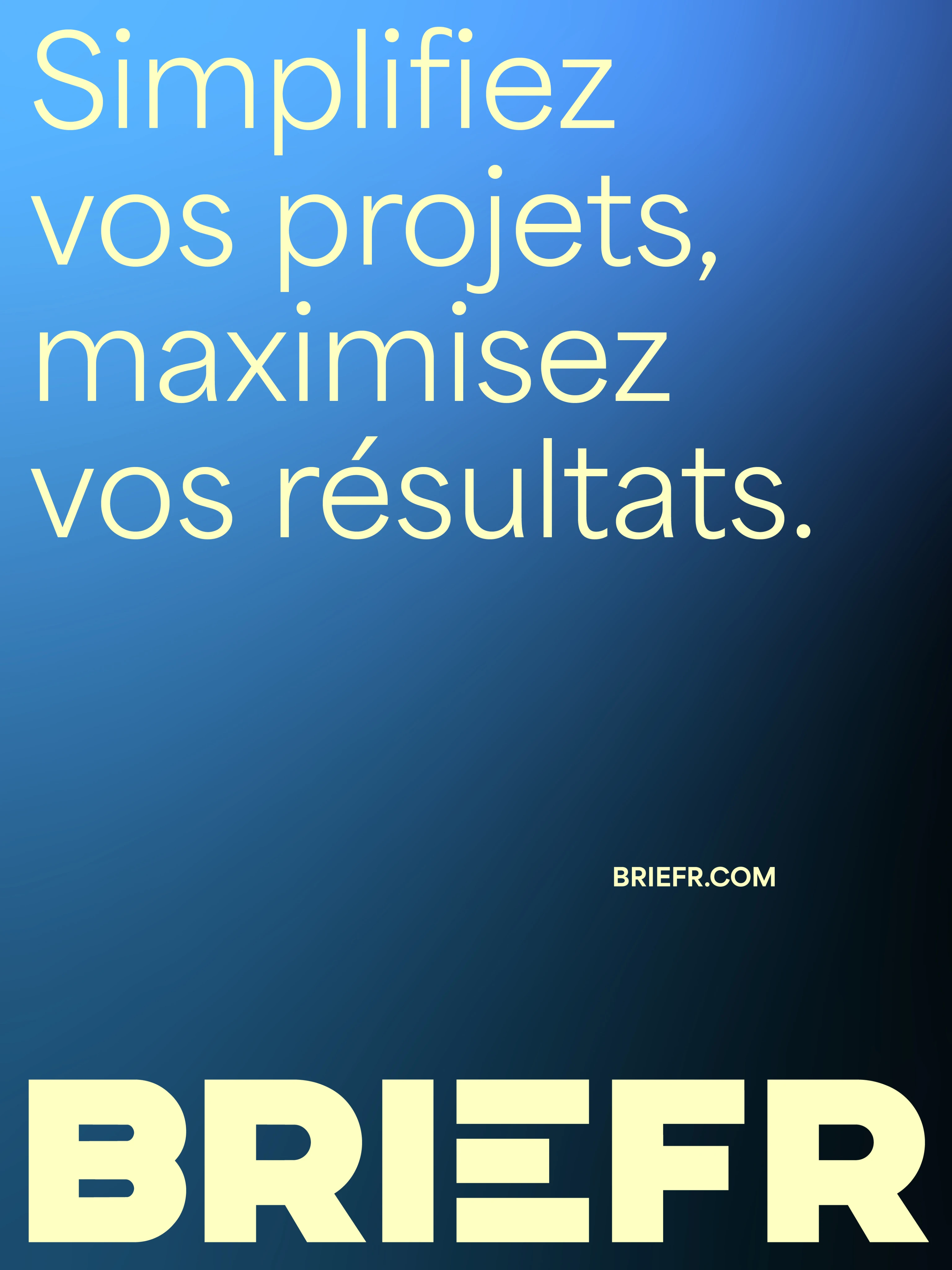 Affiche Briefr : typographie jaune pâle sur dégradé bleu.