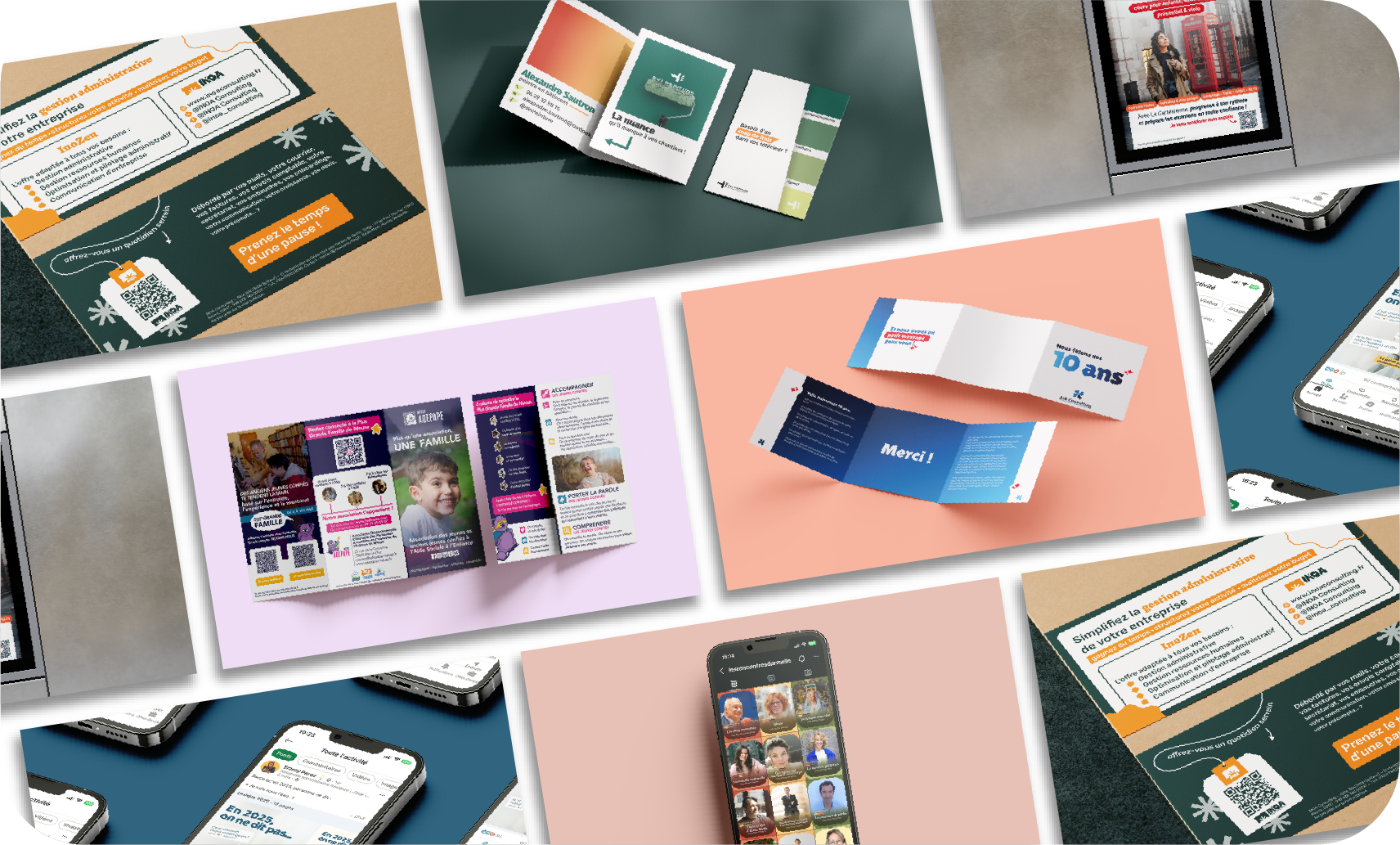 Collage de différents supports digitaux et print réalisés pour mes clients.