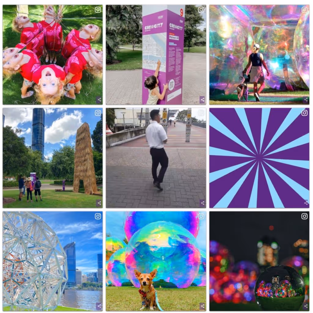A screenshot of Curiocity Brisbane's Instagram feed. Nine images highlight attendees, kids, or dogs surrounded by creative outdoor activations like giant holographic bubbles. 