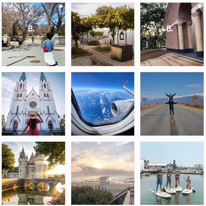 A screenshot of #BackToTravel content ft. nine beautiful landscapes, people, and buildings around the world.