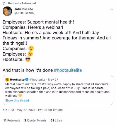 EGC of a Hootsuite employee responding to Hootsuite's tweet about paid time off 