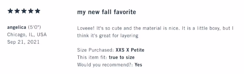 A text testimonial from a customer on Abercrombie's product page