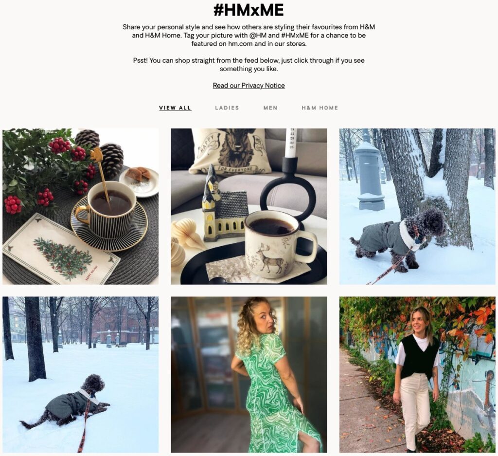 A gallery of UGC featuring images customers tagged with #HMxME – including home decor and outfit inspiration.