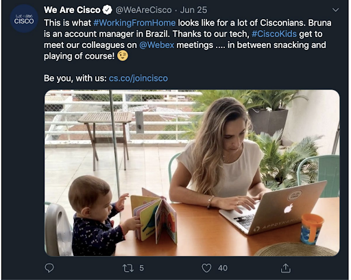 A Cisco employee sharing what it's like to work from home – Cisco re-shared this on their Twitter