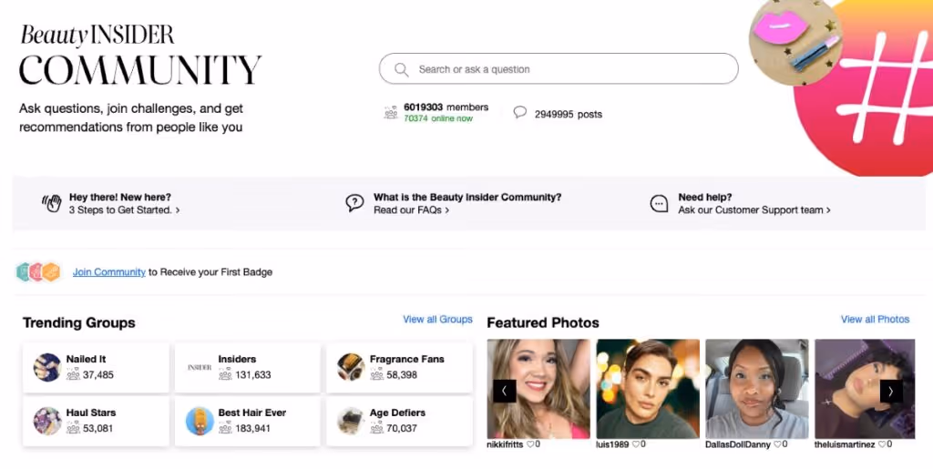 Sephora's Beauty Inside Community featuring trending groups and photos.  