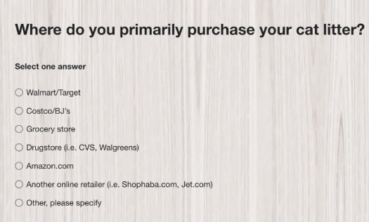 A survey question asking people where they purchase their cat litter – example of zero-party data