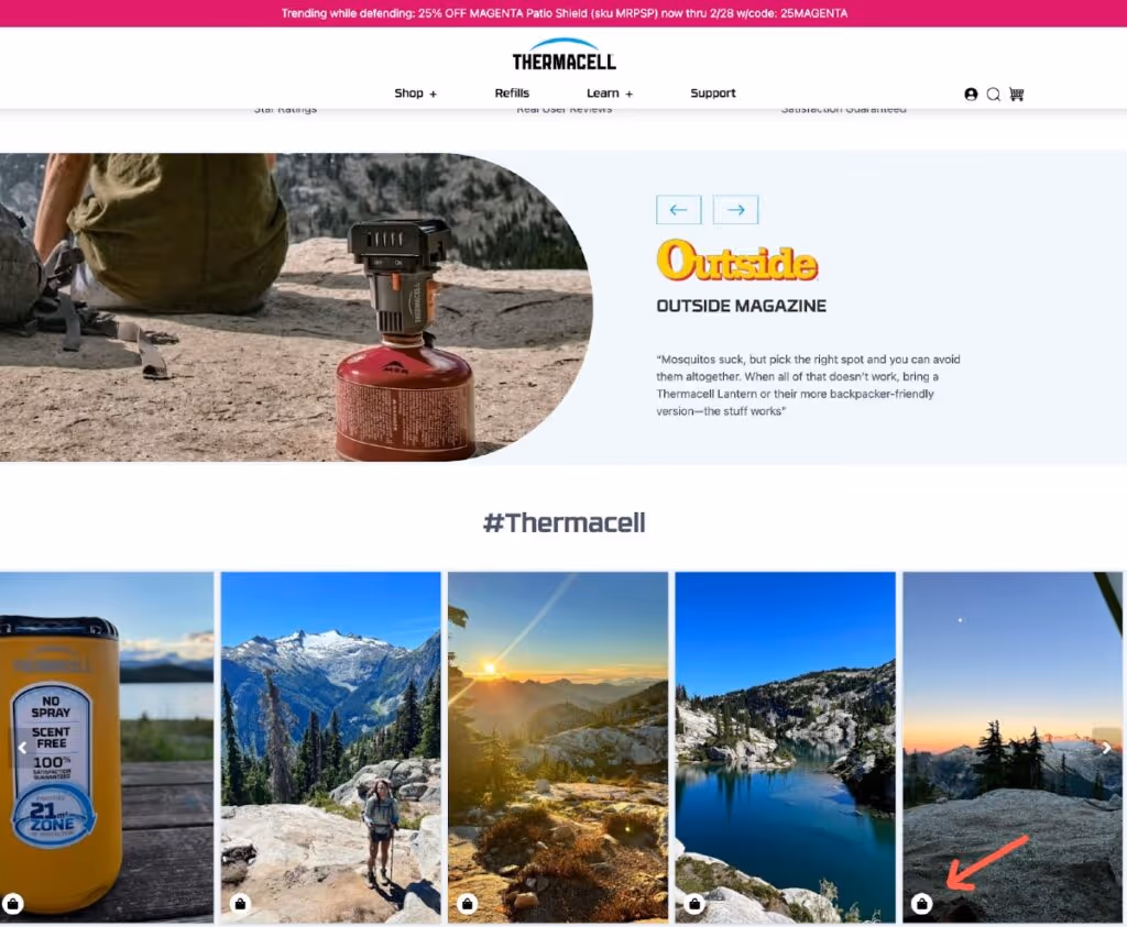 Thermacell homepage showing a shoppable UGC gallery