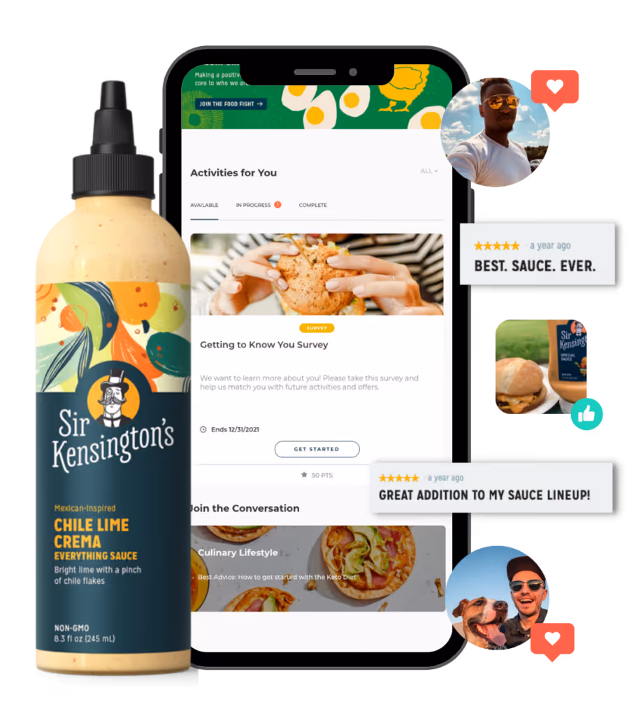 Sir Kensington's collage of their community portal, a product image of their sauce, and reviews from people saying how amazing the sauce is.