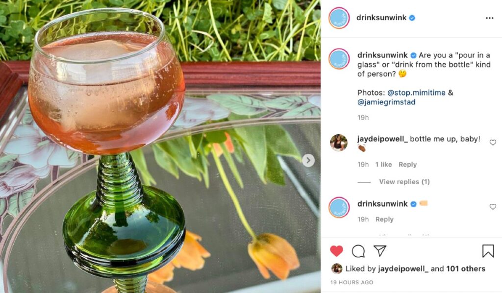 UGC on Sunwink's Instagram's page – showing a glass of wine by a user