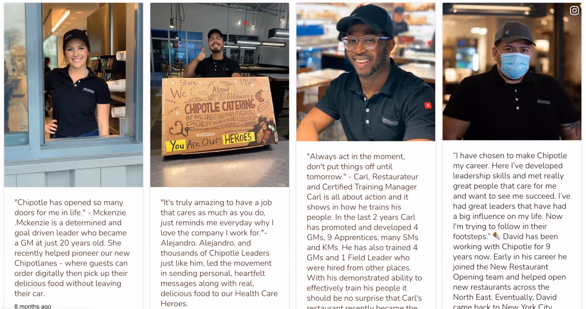 A TrueLoyal feed on Chipotle's landing page, displaying employee-generated content.
