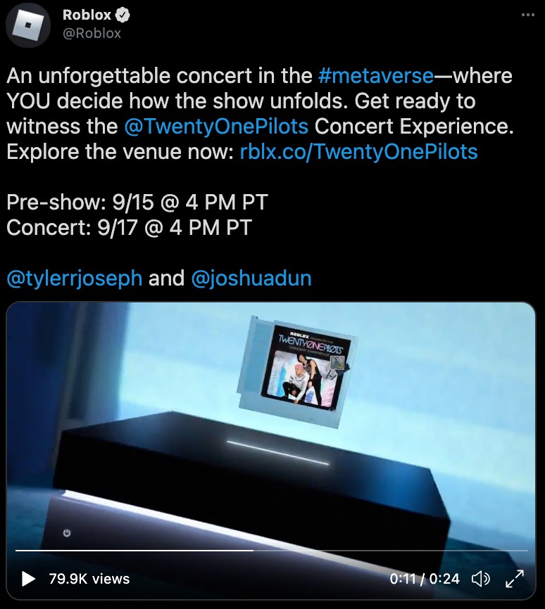 A Twitter post by Roblox announcing the TwentyOnePilots Concert Experience – encouraging fans to explore the virtual venue