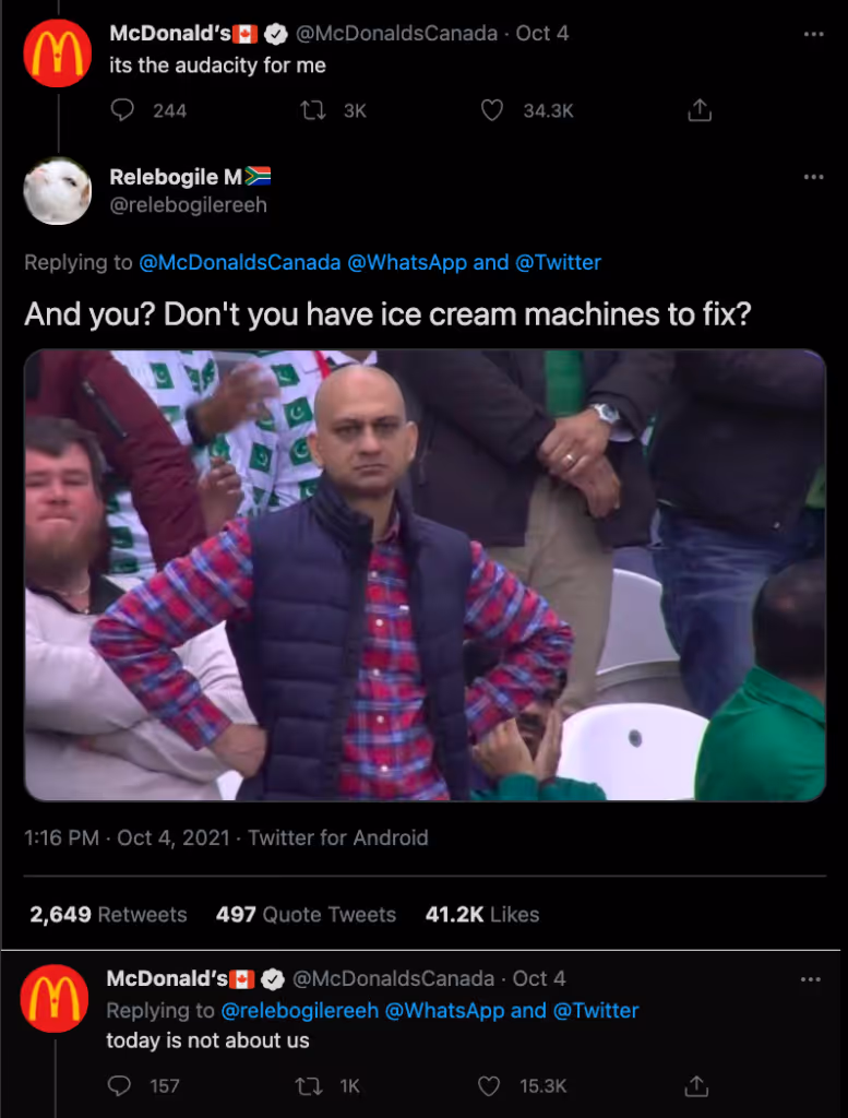 McDonald's responding to WhatApp with "it's the audacity for me" and a user shared asked "and you? Don't you have ice cream machines to fix?"