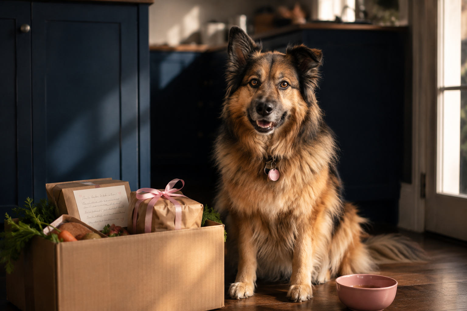 A dog resting beside a fresh pet-food delivery box printed with its name.