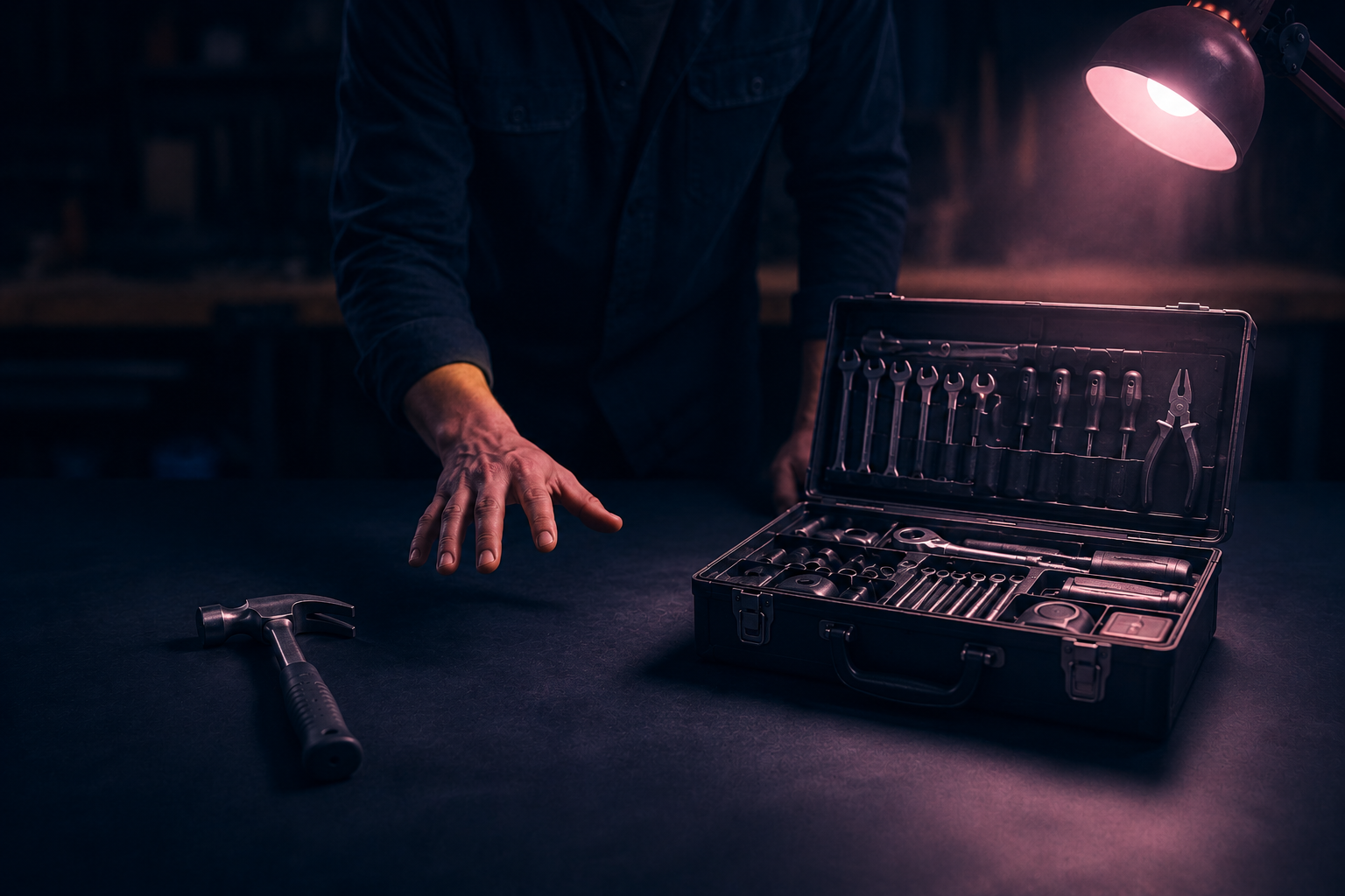 A single hammer beside a fully stocked open toolbox.