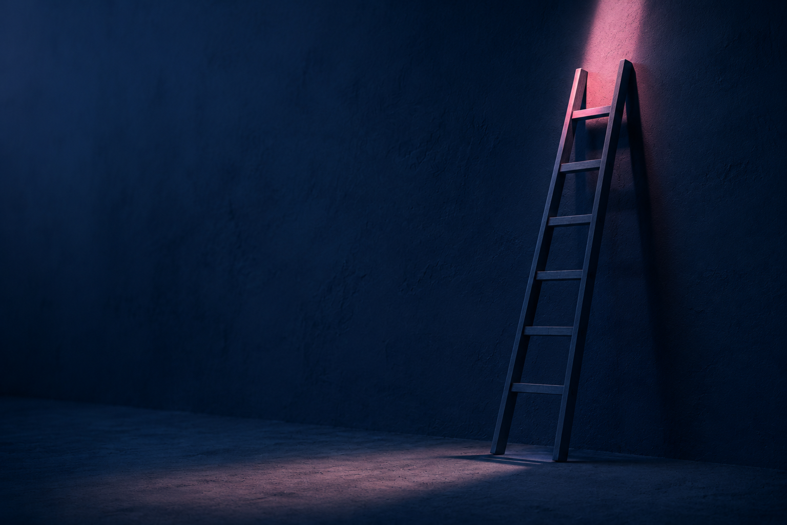 A ladder leaning against a wall with its lowest rung within easy reach.