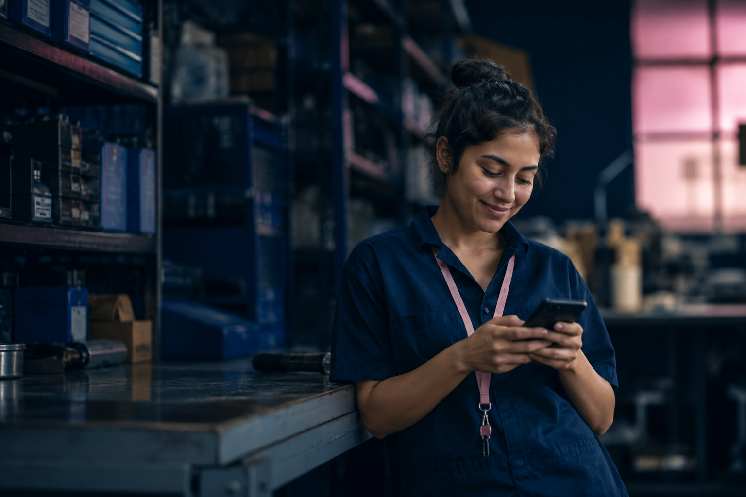 A retail floor worker checking a product on a phone between store aisles.