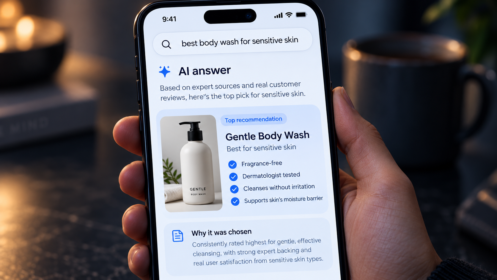 Over-the-shoulder view of a phone showing an AI-generated answer recommending a single body wash for sensitive skin