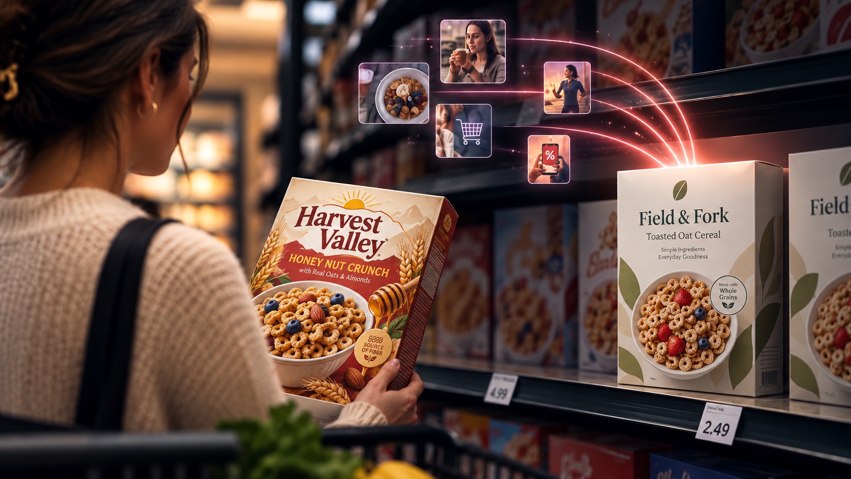 Shopper holding a name-brand cereal box next to a lower-priced store-brand cereal on the shelf, with shopper data connecting to the store brand