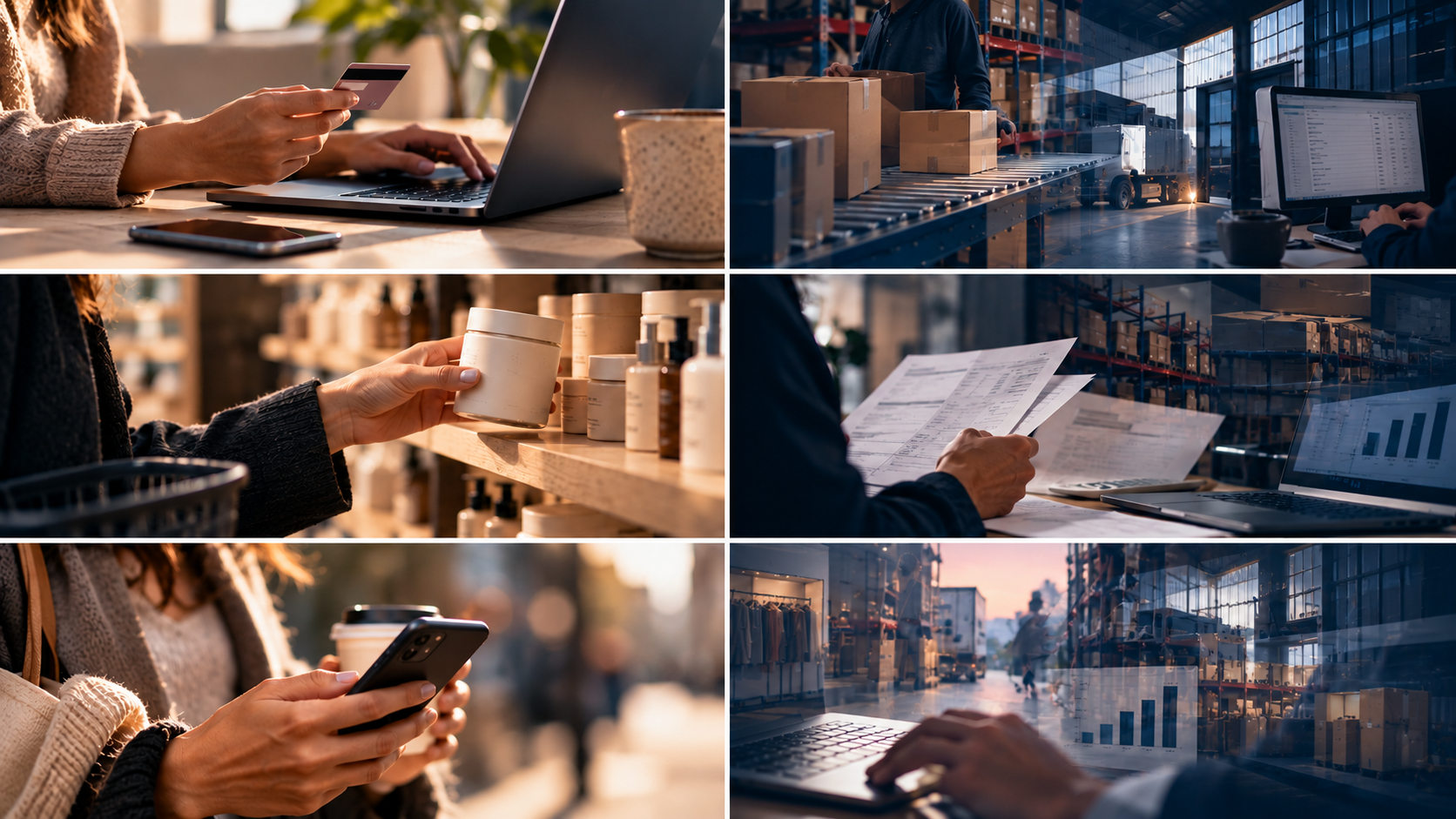 Six-panel grid pairing a shopper's purchase moments, online checkout, an in-store shelf, and a phone, with the operations behind them: warehouse fulfillment, invoices, and reporting