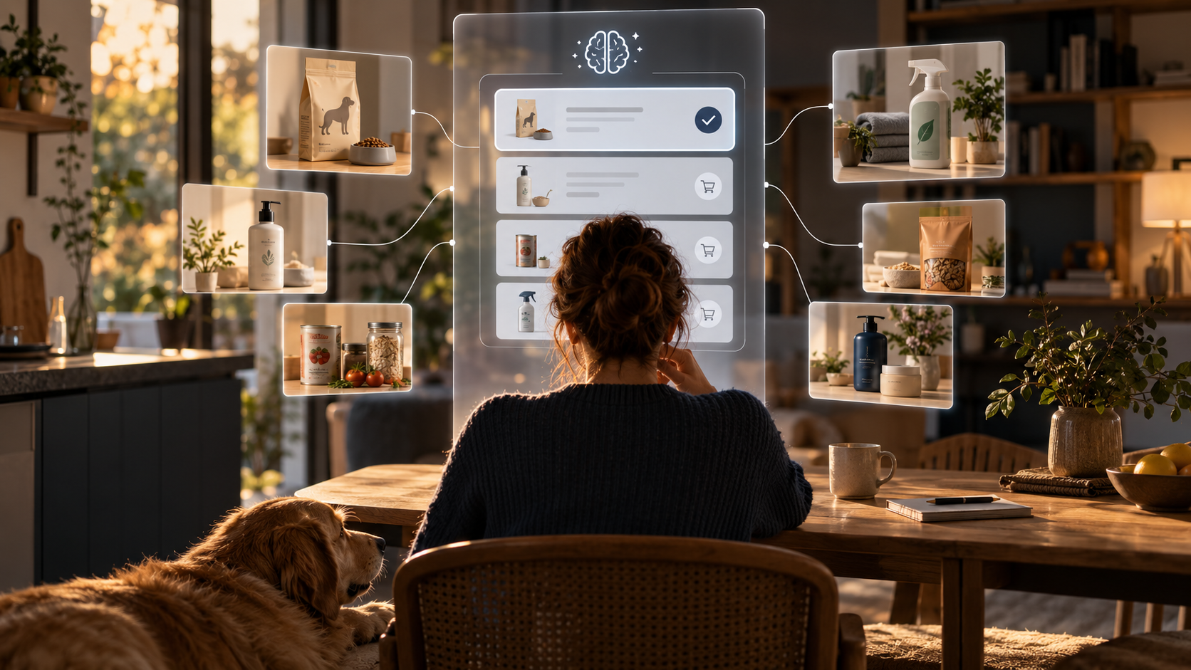 A woman at her kitchen table, her dog beside her, as an AI agent's screen in front of her lays out a shopping list and approves a dog food reorder among household products
