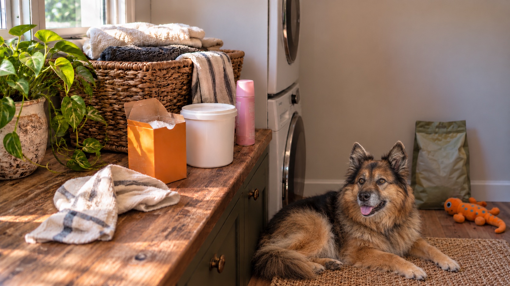A sunlit laundry room with household products on a wooden counter and a dog resting on a rug