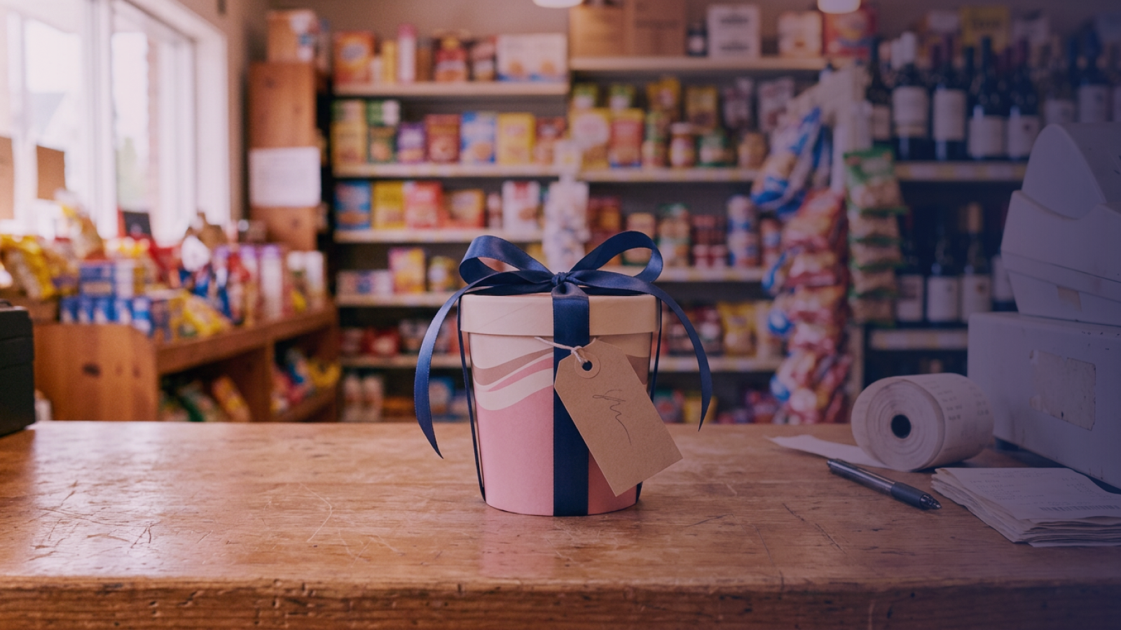 A pint of ice cream tied with a navy ribbon and a handwritten tag, set aside on a store counter for a customer.