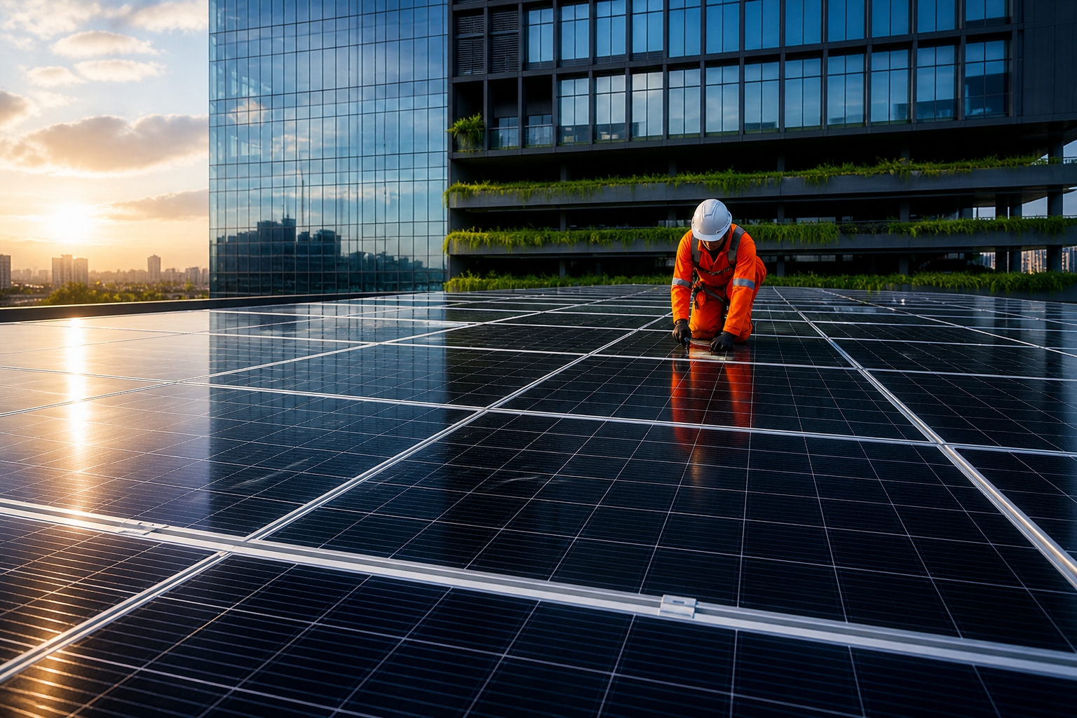 Travailleur en tenue de sécurité orange installant des panneaux solaires avec perovskite photovoltaic sur un toit au coucher du soleil avec des immeubles en arrière-plan.