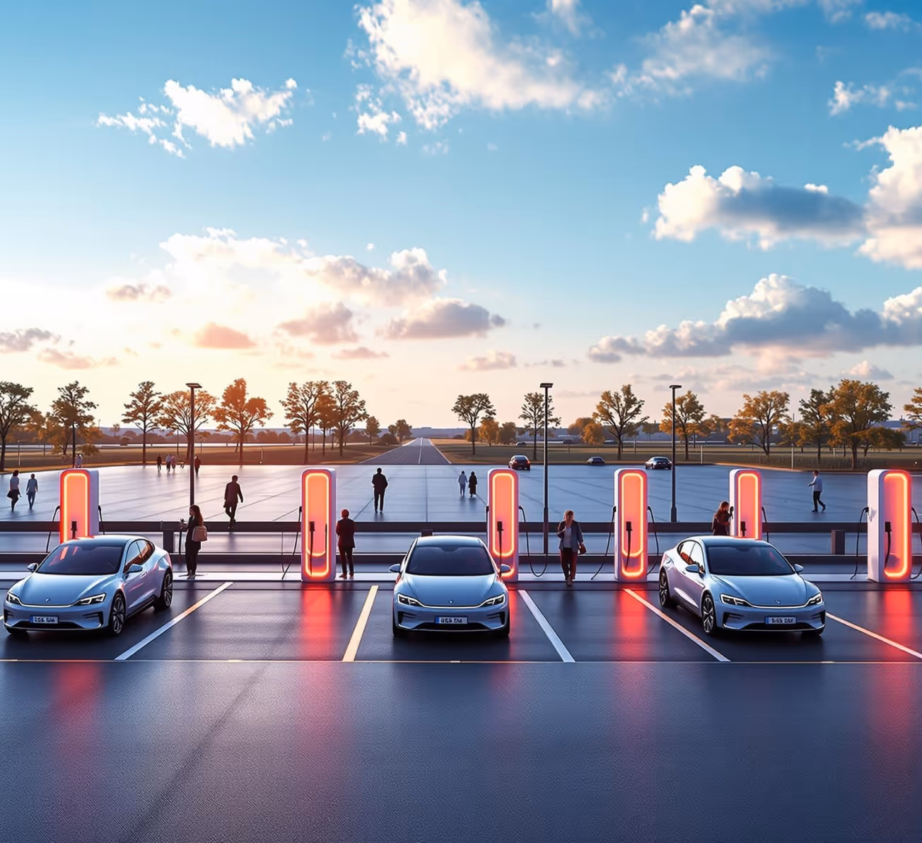 Three electric cars parked and charging at illuminated EV charging stations in an open parking lot during sunset.
