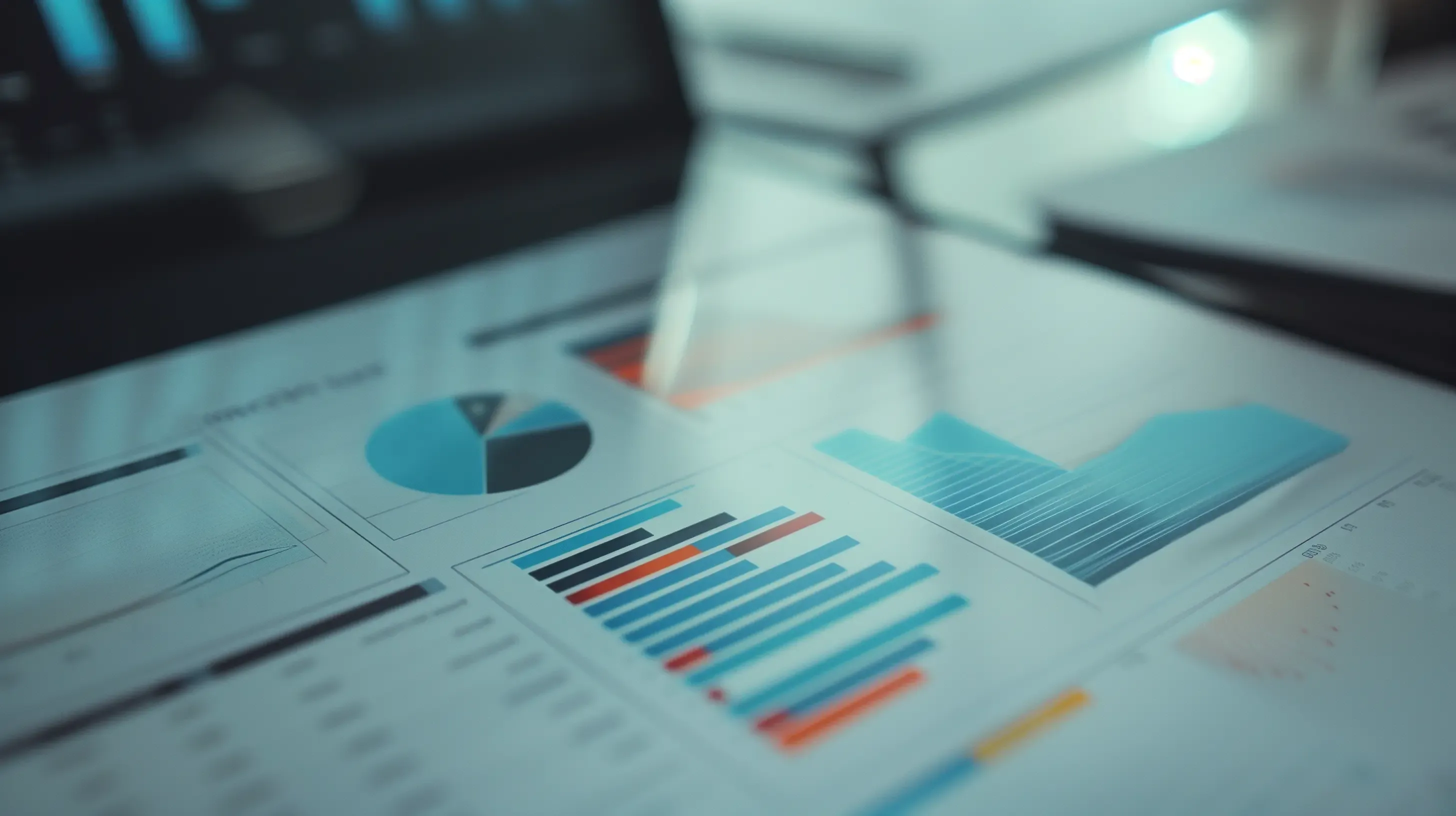 Sheet of paper displaying various data visualizations including pie chart, bar graphs, and line charts on a desk.