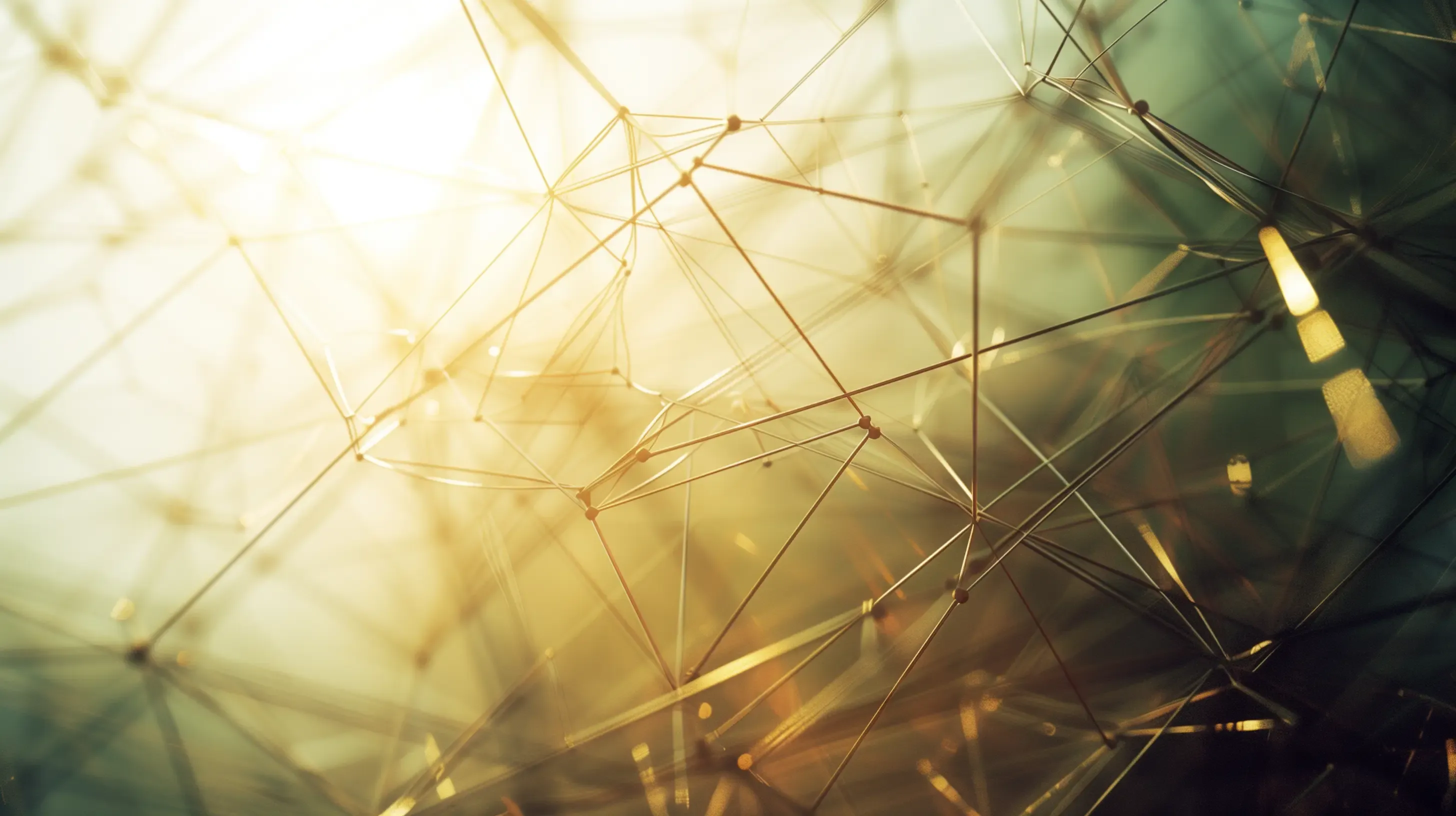 Abstract network of interconnected golden rods and nodes with a glowing light effect.