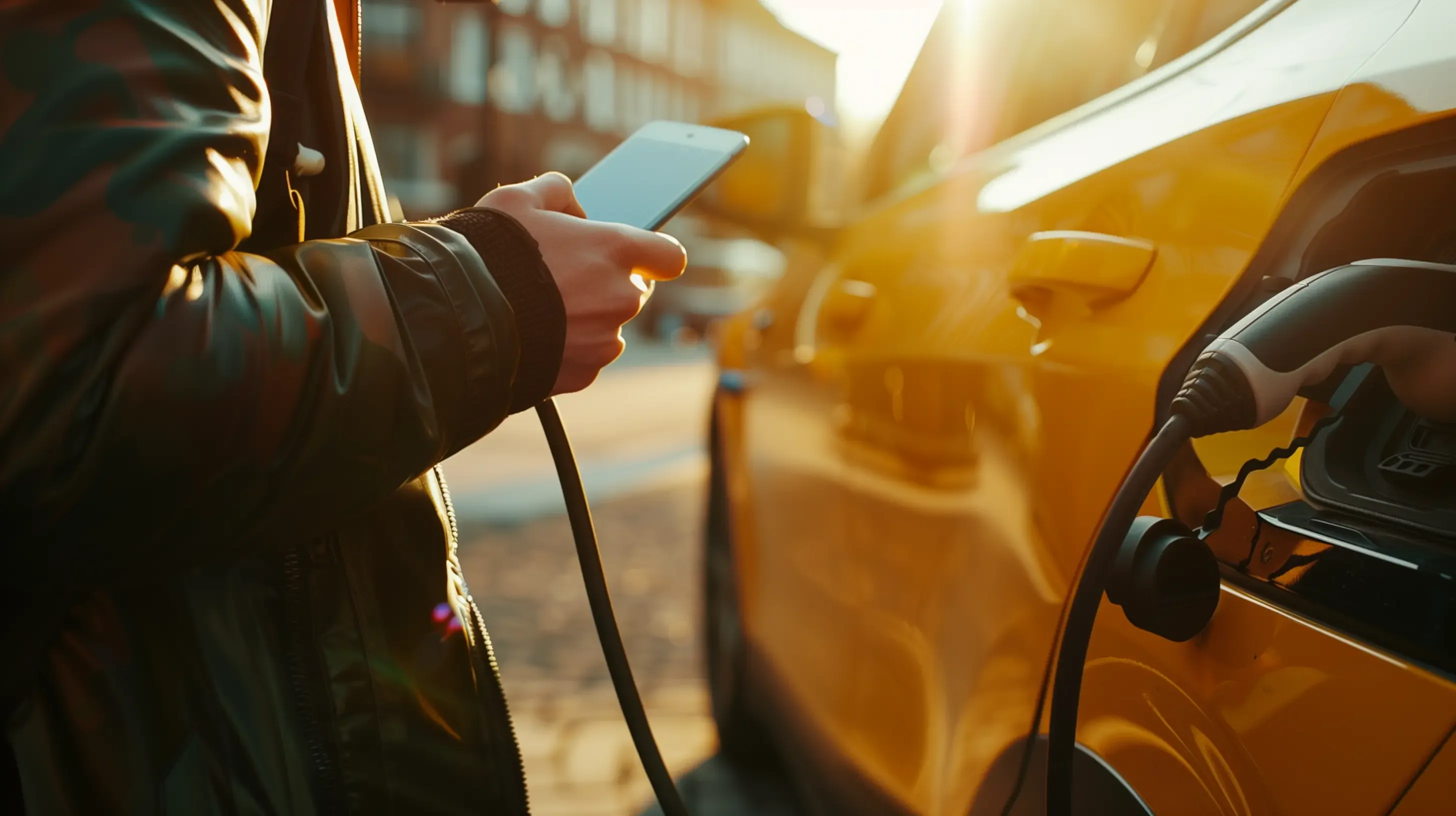 Person in a black jacket uses a smartphone while charging a yellow electric car at sunset.