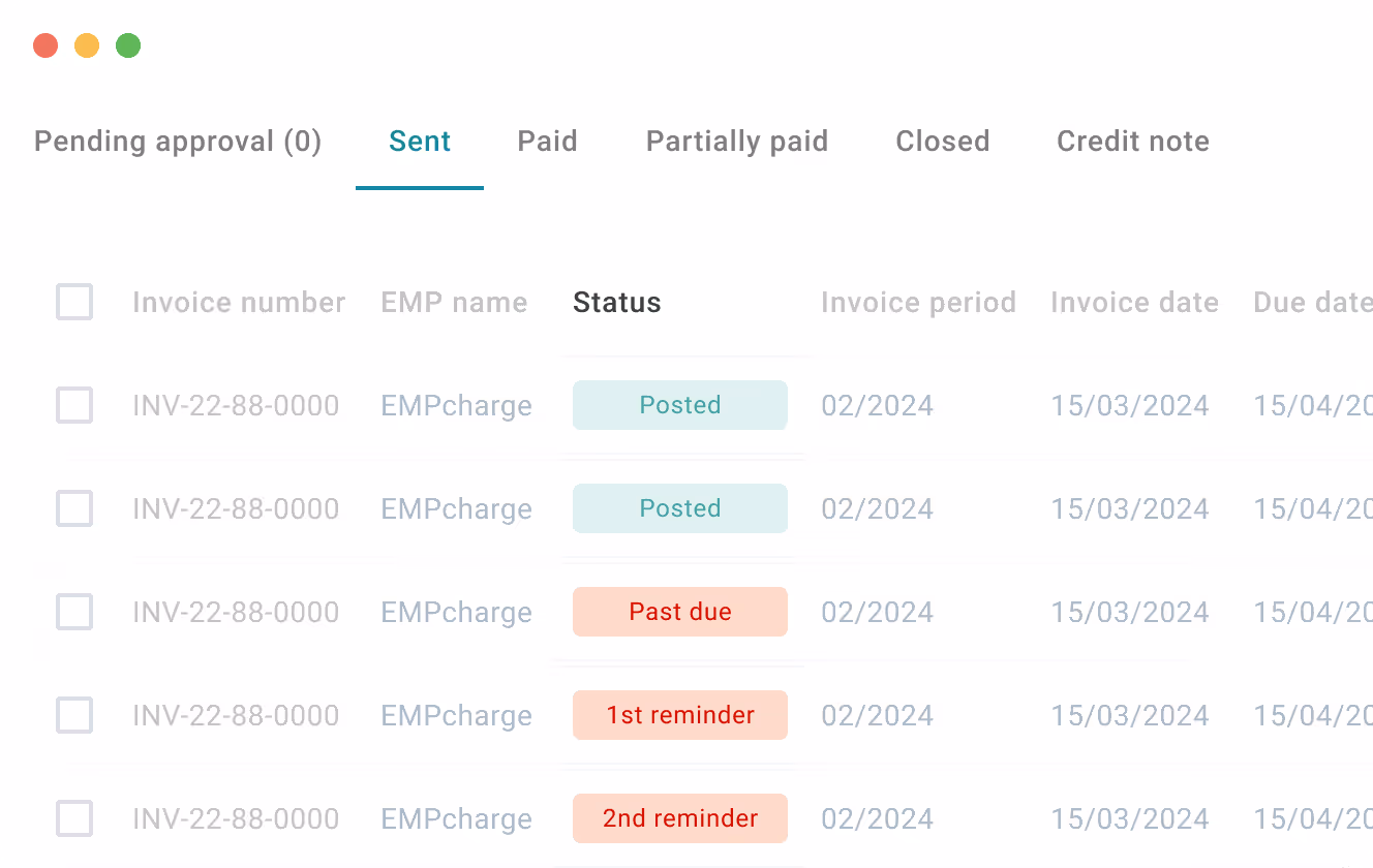 Invoice management interface showing invoice statuses including Posted, Past due, 1st reminder, and 2nd reminder for entries dated 02/2024.