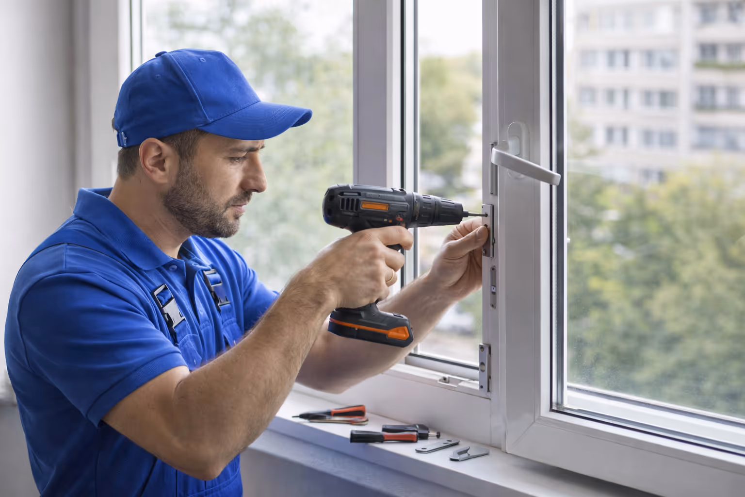 Man in blue uniform using a cordless drill to install a lock on a white window frame.