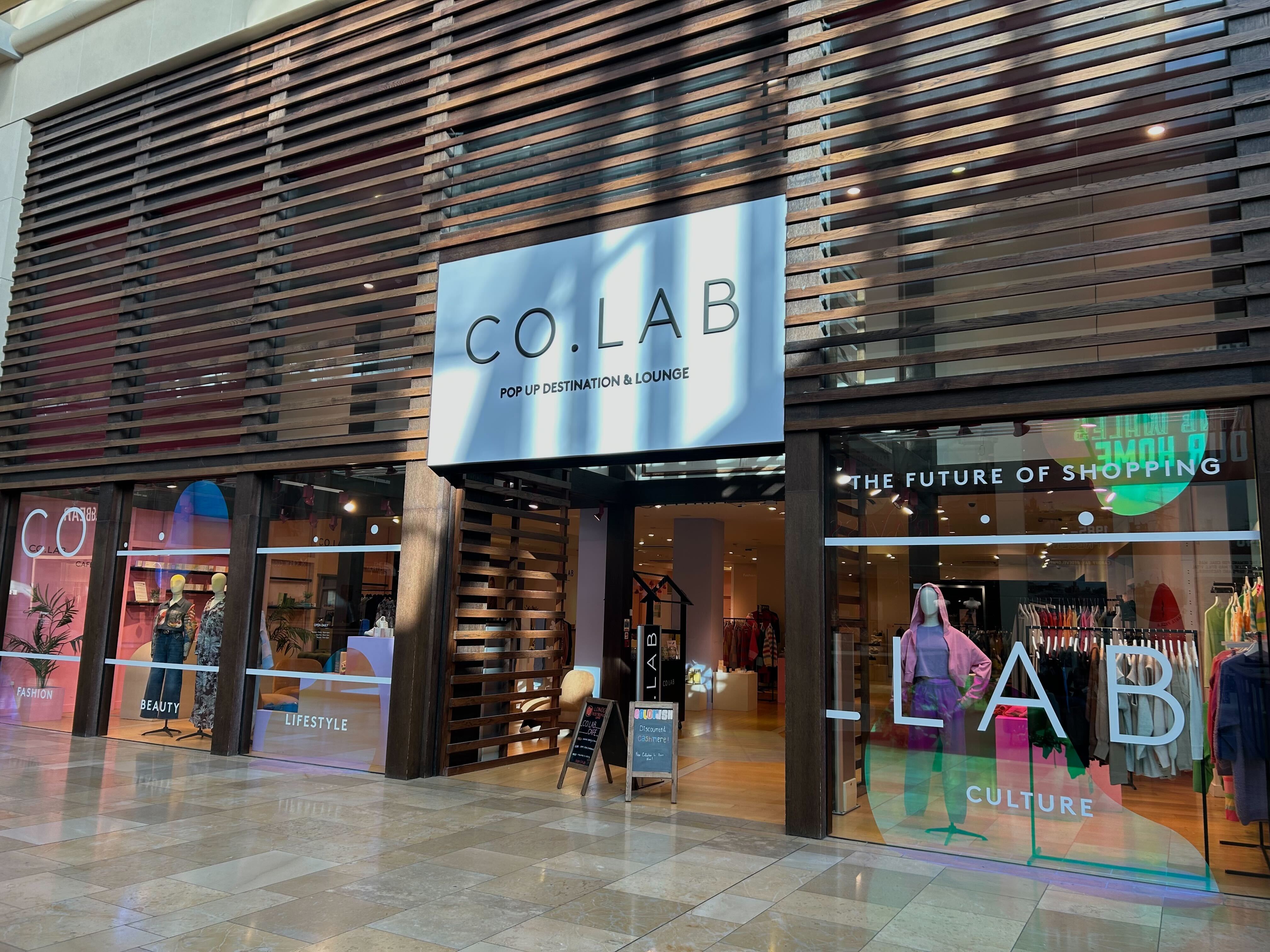 CO.LAB store at St David’s Dewi Sant shopping centre in Cardiff, showcasing innovative brands and emerging designers. The storefront features modern window displays with 'The Future of Shopping' messaging, inviting visitors into a curated retail experience.