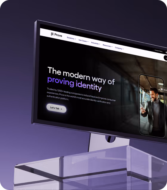 3D mockup of the Prove website displayed on a monitor, showing the headline "The modern way of proving identity"