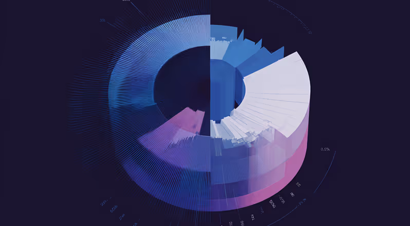 3D circular data visualization chart with segmented blue and purple sections on a dark background.