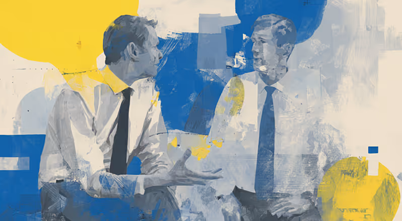 Abstract painting of two men in dress shirts and ties engaged in conversation against a background of blue and yellow shapes.