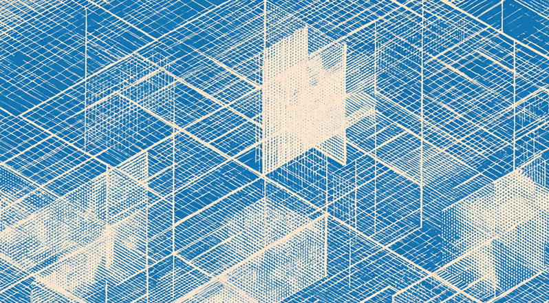 Abstract geometric pattern of intersecting white grid lines forming cubes and rectangular prisms on a blue background.