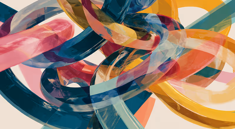 Abstract composition of intertwined, translucent colorful rings and ribbons overlapping on a light background.