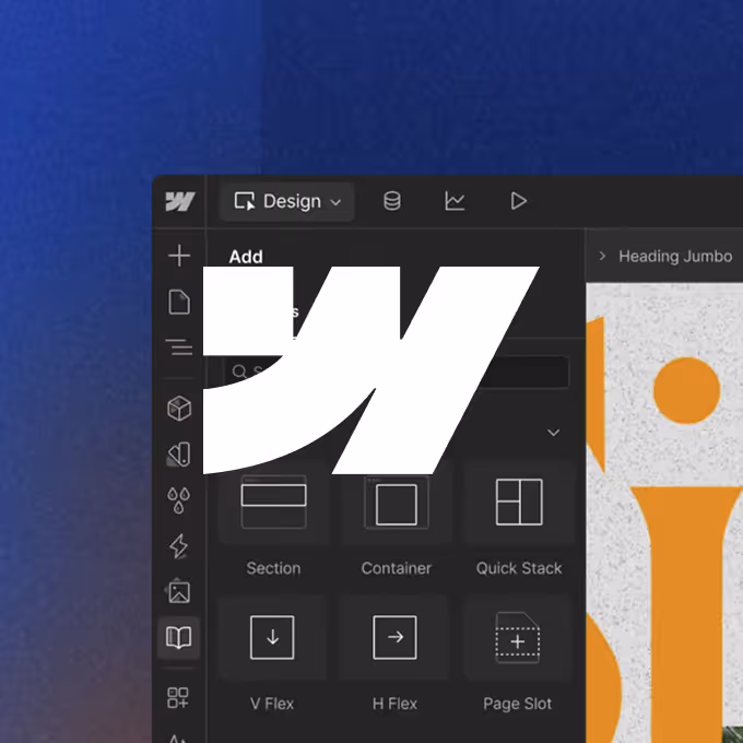 Interface of a design software showing layout options like Section, Container, Quick Stack, V Flex, H Flex, and Page Slot on a dark panel.